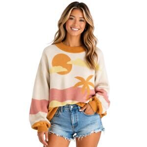 Princess Polly Cream Sunset Palm Crewneck Sweater with Pink and Mustard Accents